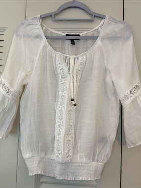 Women’s White Peasant Blouse with Lace Trim